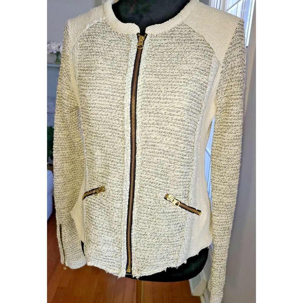 Lucky BLiss Cream‎ Striped Gold Zip Blazer Sz M Sophisticated Career Boss Lady